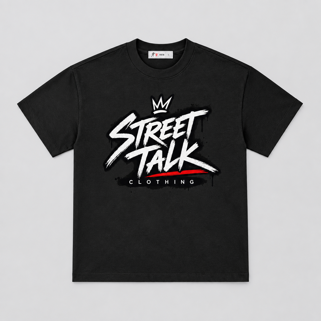 A black short-sleeve crewneck t-shirt with a large graphic on the chest reading 'STREET TALK' in white graffiti-style lettering, featuring a small crown above and 'CLOTHING' under on a black brushstroke background.