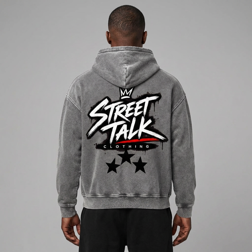 Back close-up of lighter washed-charcoal After Hours hoodie with original artwork and three stars