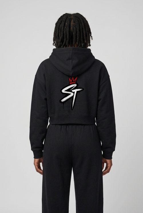 Back view of woman wearing First Light Jet Black cropped hoodie with original crowned ST logo and matching pants
