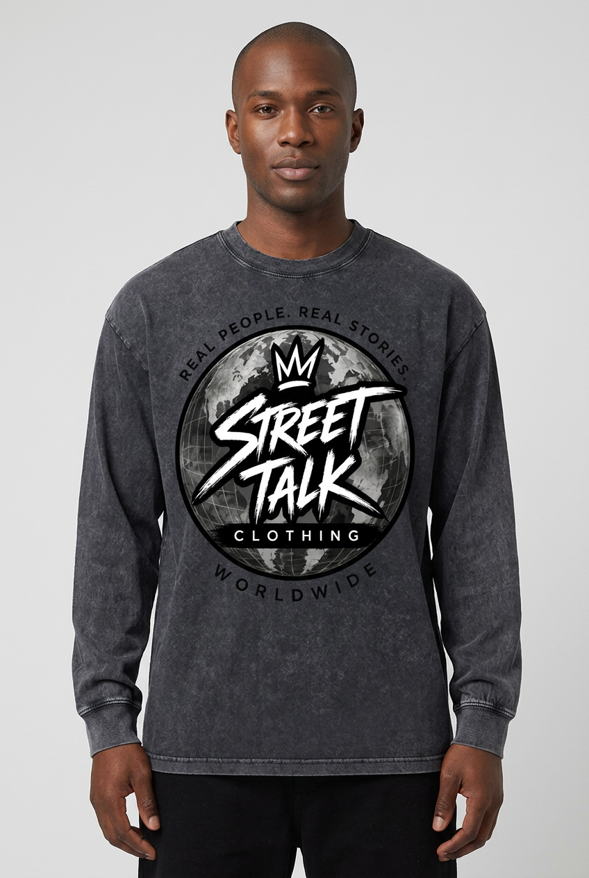 Male model wearing the Open Road Long Sleeve in Black Ash Wash