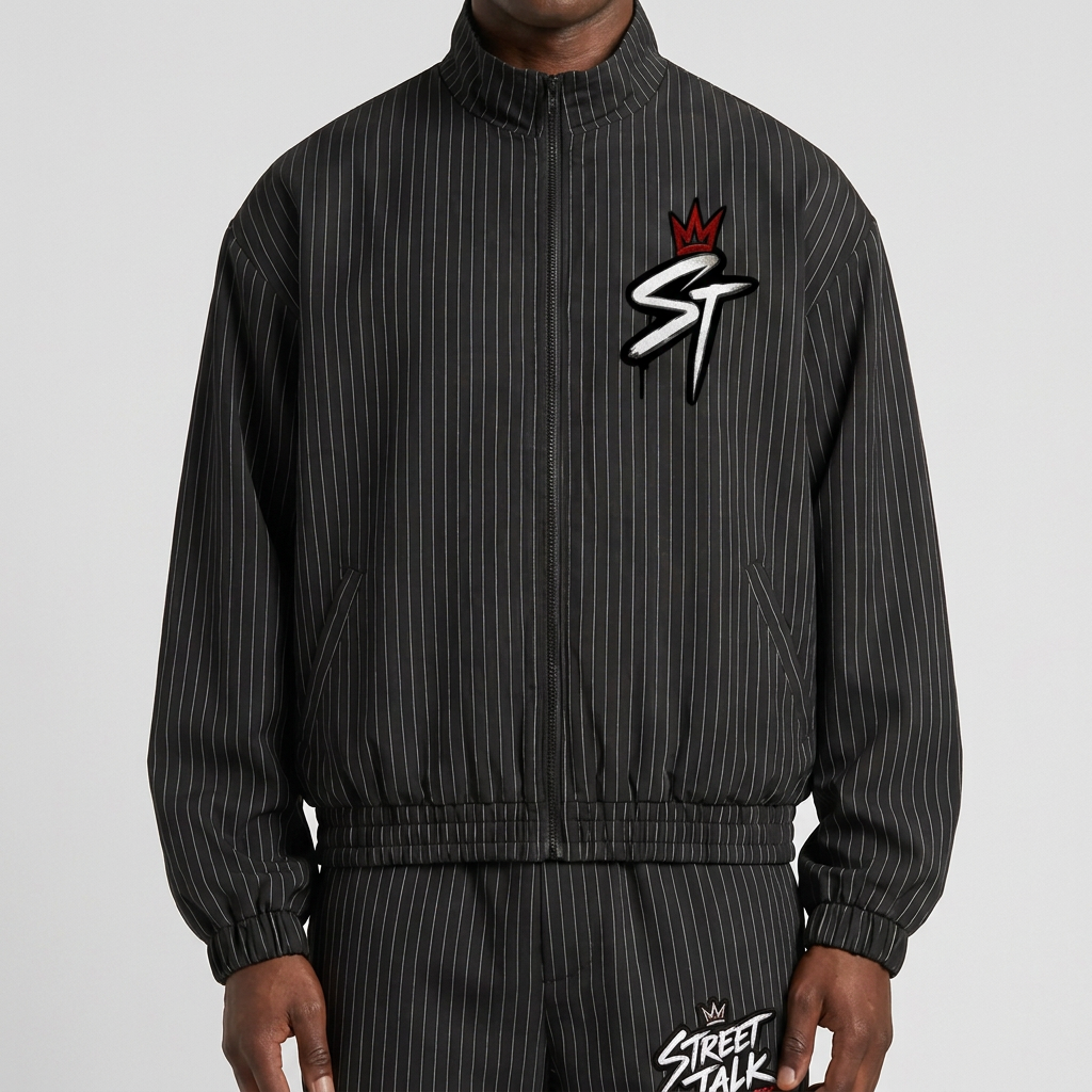 Front close-up of model wearing Uptown Midnight Black jacket