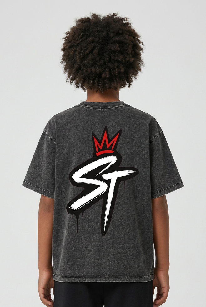Back view of child wearing Young Legacy Washed Black tee with original large white ST and red crown