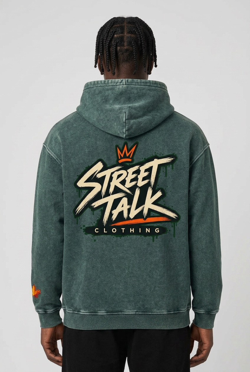 Back view of the same male model wearing Harvest Hoodie with original Street Talk Clothing back artwork