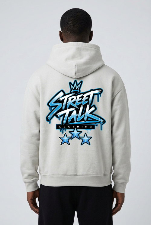Back view of Cold Front Ash Gray hoodie on model showing original icy blue crowned artwork and three stars