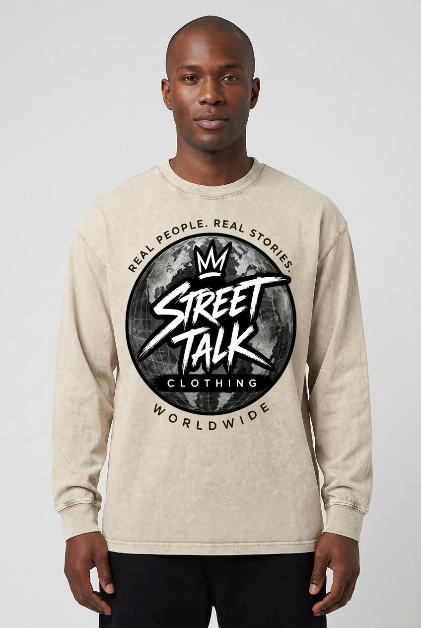 Male model wearing the Open Road Long Sleeve in Light Apricot