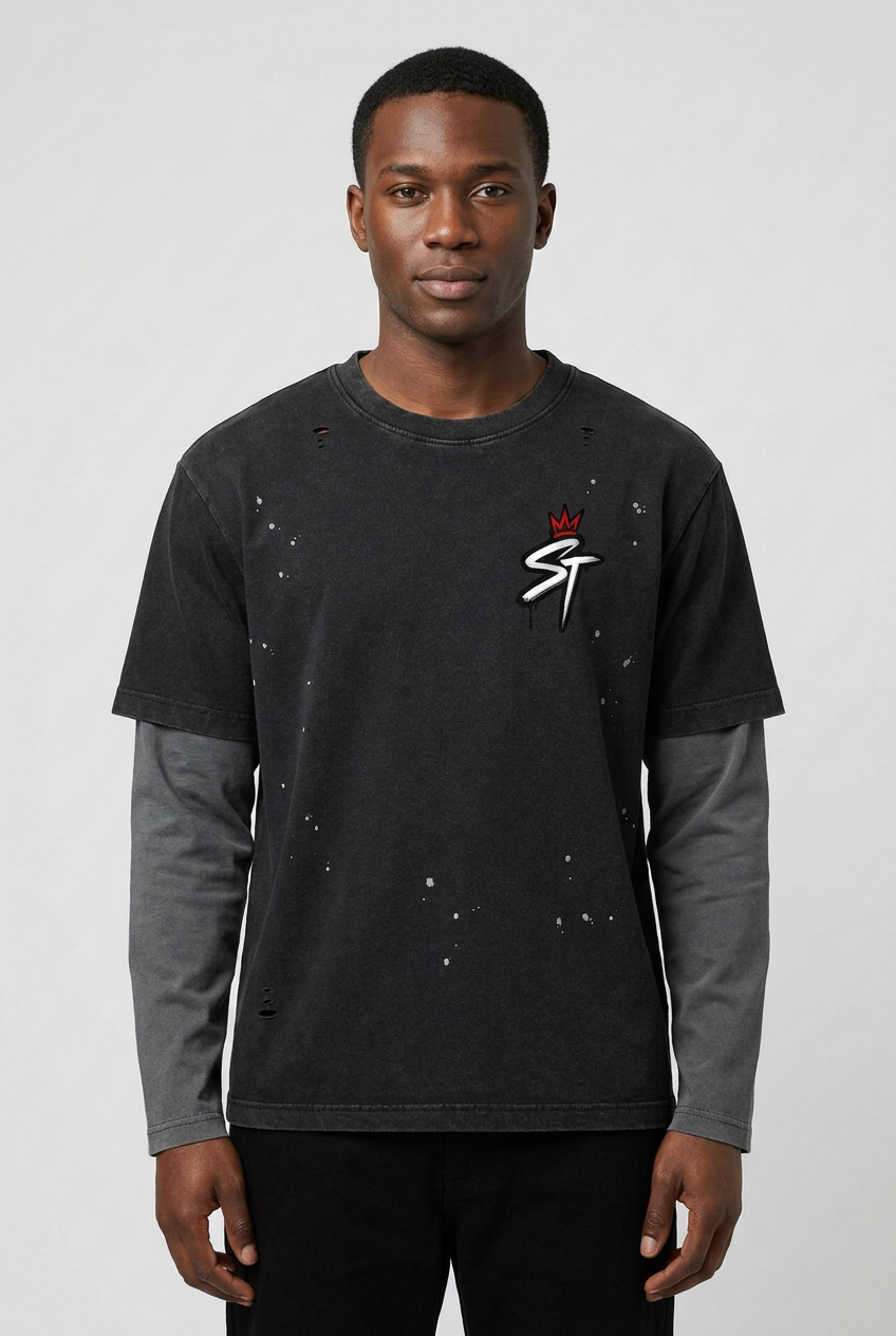 Male model wearing Night Shift Long Sleeve in Black and Smoke Gray