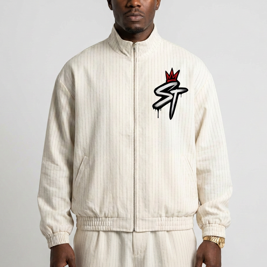 Bone jacket front model close-up with corrected naturally draping trousers without pressed center creases