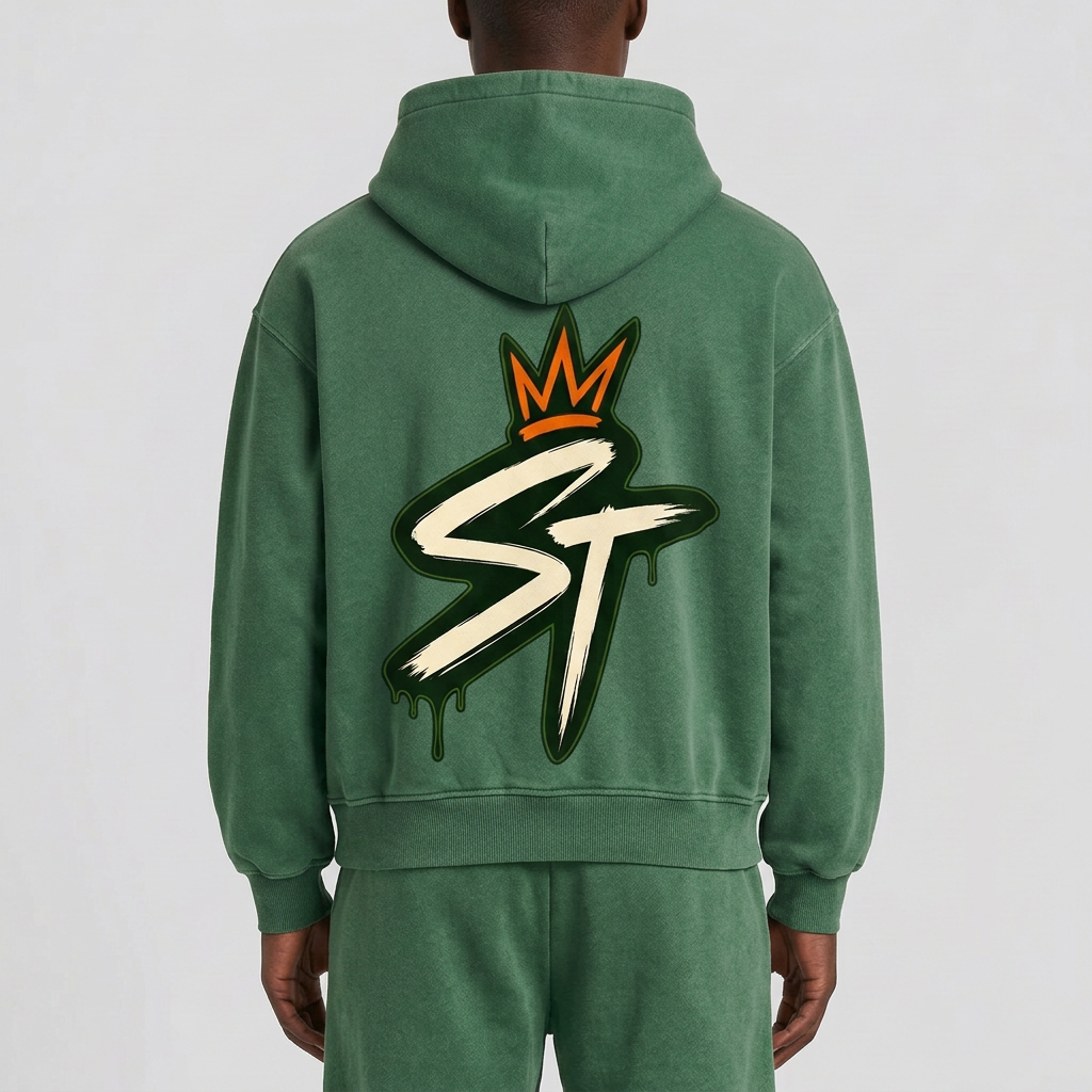 Back close-up of same model wearing Groundwork Forest Green hoodie and matching pants