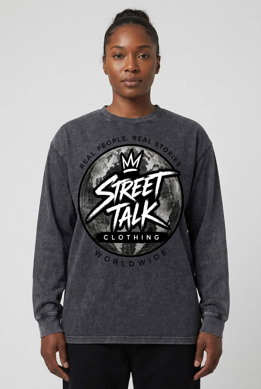 Female model wearing the Open Road Long Sleeve in Black Ash Wash