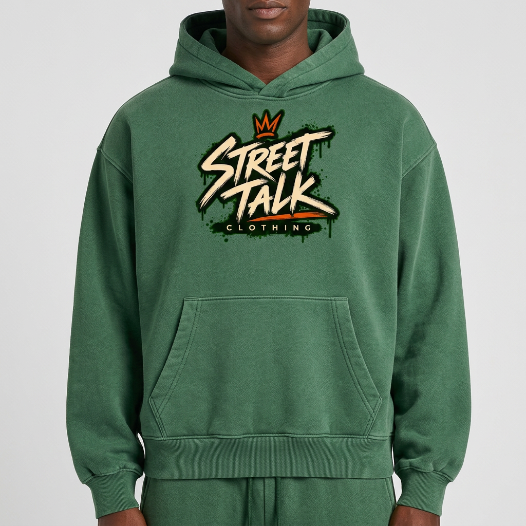 Front close-up of model wearing Groundwork Forest Green hoodie