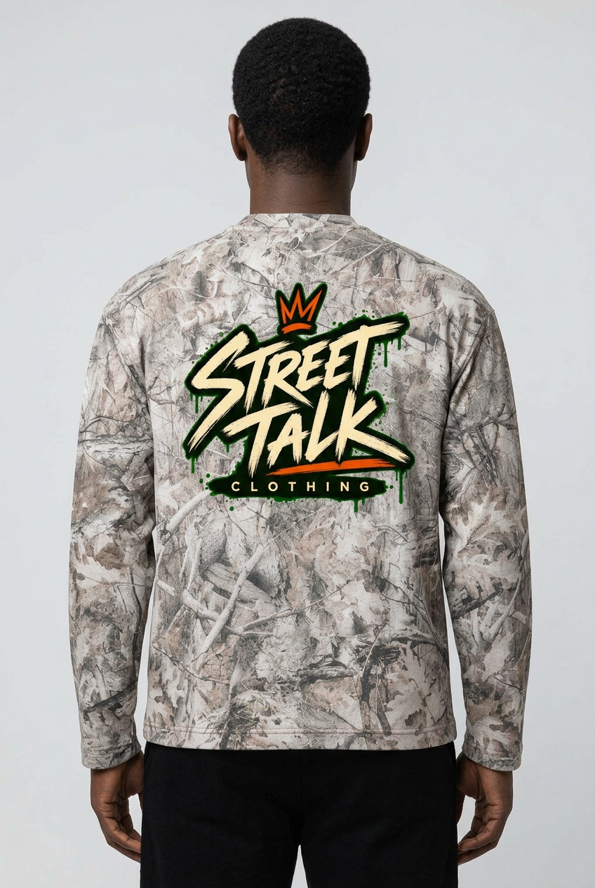 Back view of the same male model wearing Field Notes Tree Camo with original Street Talk Clothing artwork