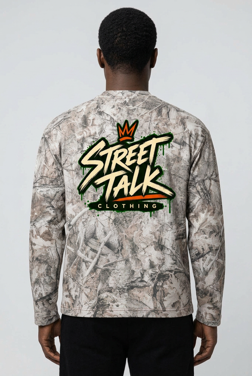 Back view of the same male model wearing Field Notes Tree Camo with original Street Talk Clothing artwork