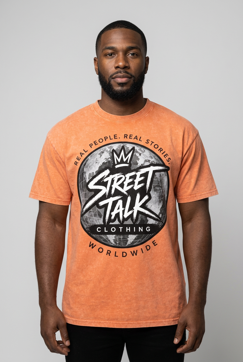 Male model wearing the Quiet Motion Tee in Orange Ash Wash with original Street Talk Clothing globe artwork