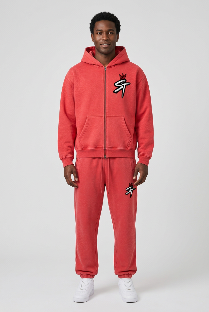 Model wearing the Statement Red zip hoodie and matching sweatpants