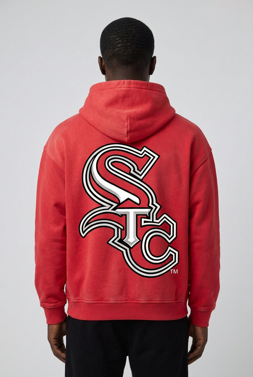 Back view of Pressure Zip Statement Red on model with original outlined STC monogram