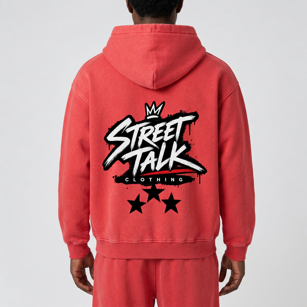 Back close-up of Statement Red zip hoodie with crowned Street Talk Clothing artwork and three stars
