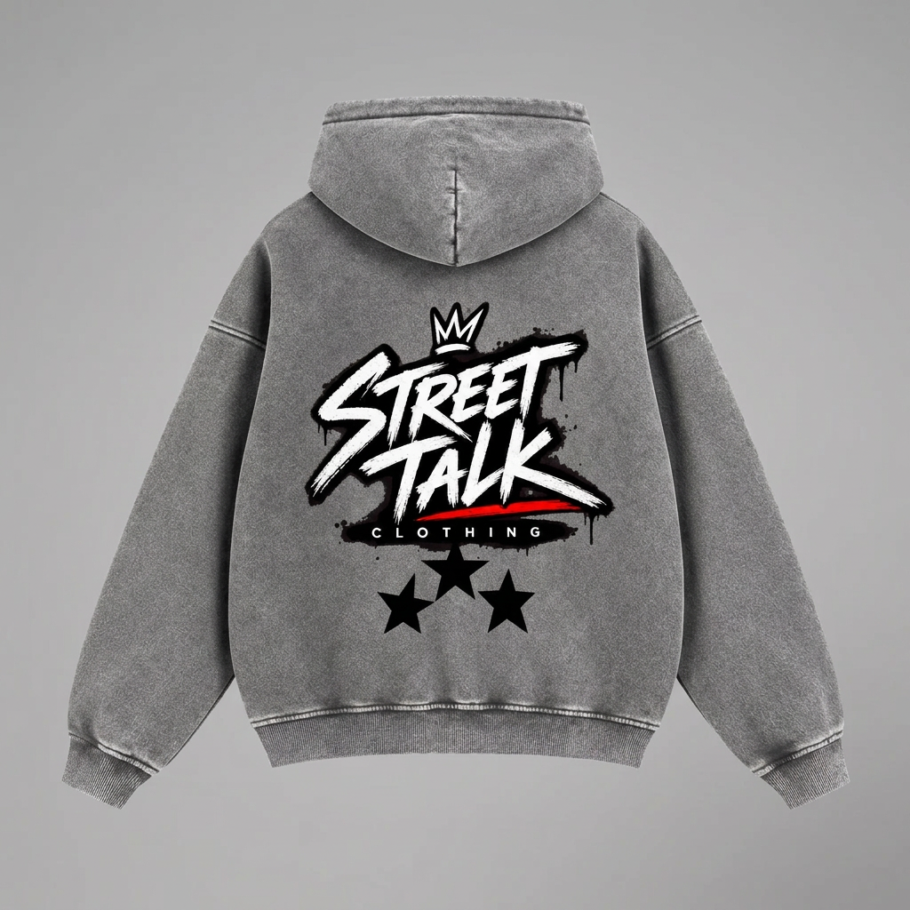 Back flat mockup of lighter washed-charcoal After Hours hoodie with original artwork and three stars