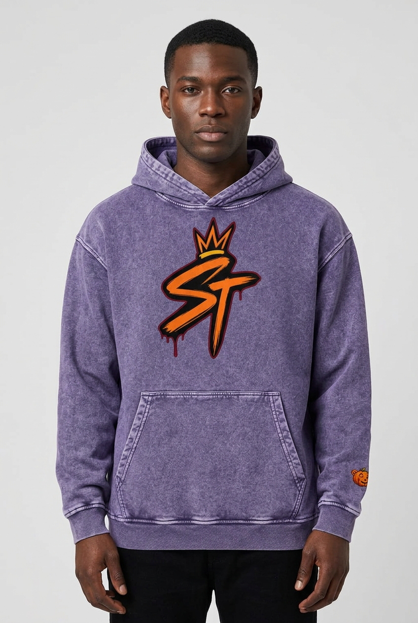 Front view of male model wearing Nightfall Hoodie in Deep Purple and Orange