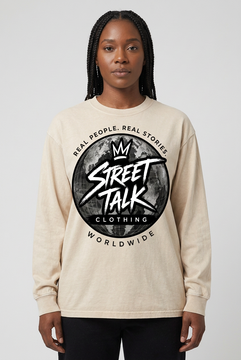 Female model wearing the Open Road Long Sleeve in Light Apricot