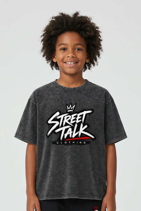 Child model wearing the Washed Black Young Legacy Tee with Next Up pants