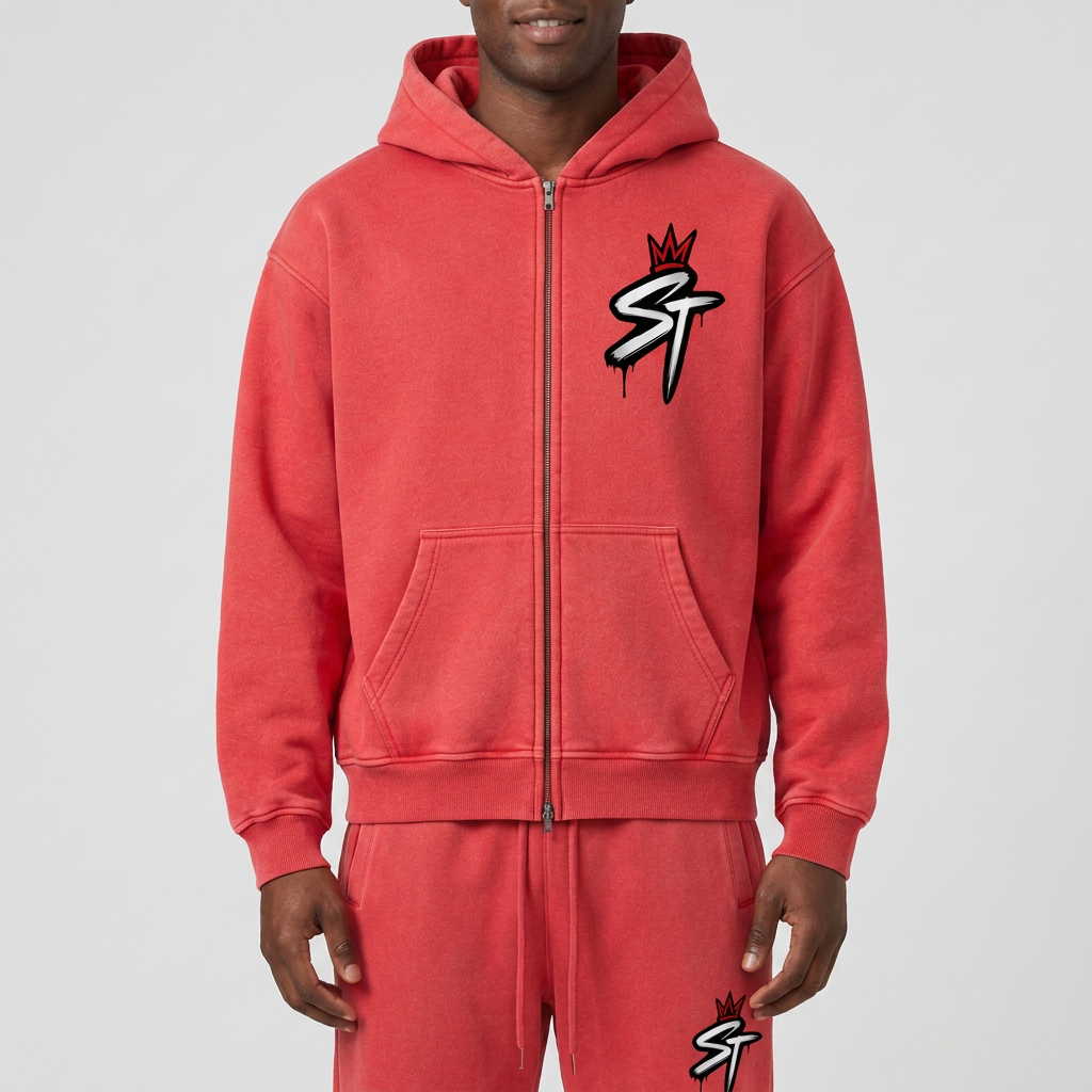 Front close-up of Statement Red zip hoodie on model wearing matching red sweatpants