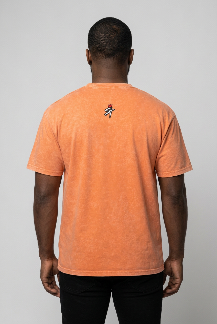 Back view of Quiet Motion Orange Ash Wash tee on model with original small crowned ST neck logo