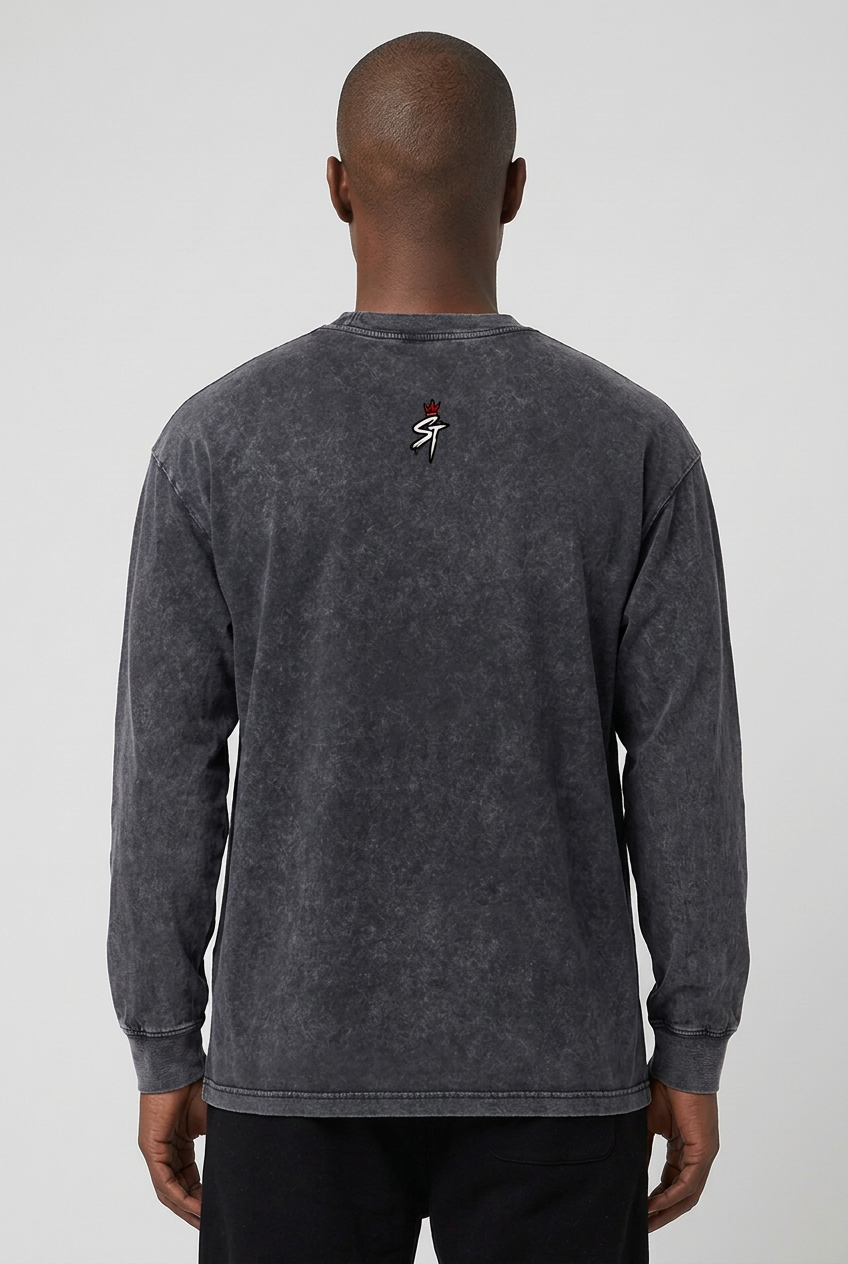 Back view of Open Road Black Ash Wash long sleeve on model with original small crowned ST neck logo