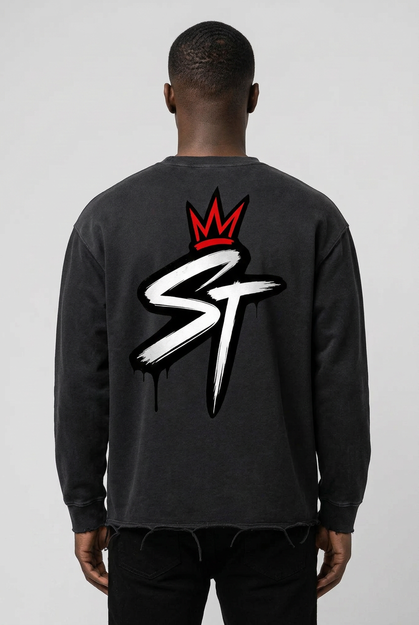 Back view of Foundation Washed Black tee on model with original large crowned ST logo and raw hem