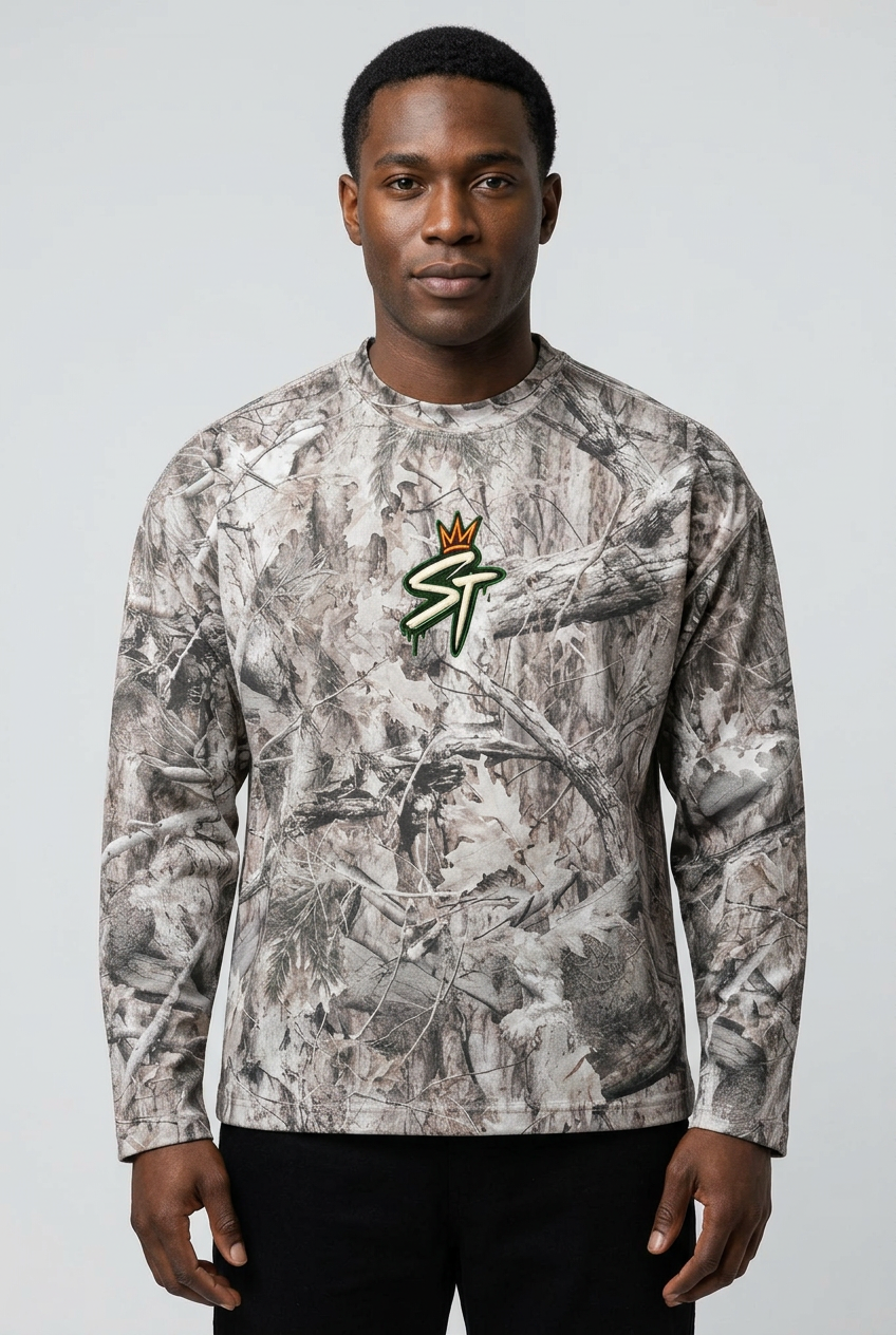 Front view of male model wearing Field Notes Long Sleeve in Tree Camo