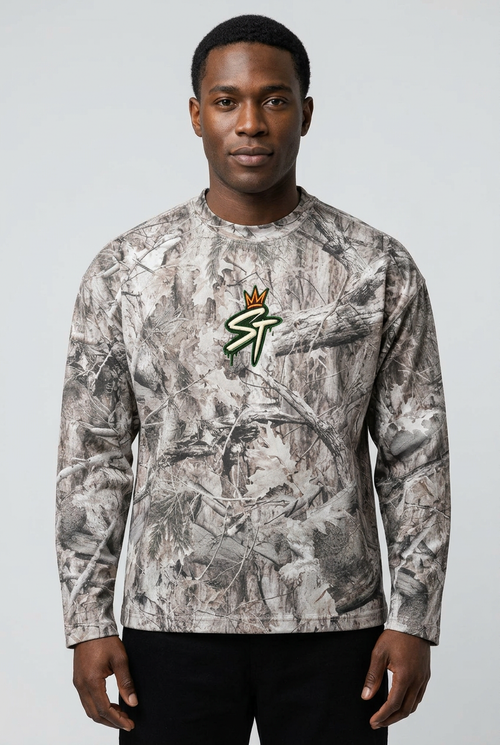 Front view of male model wearing Field Notes Long Sleeve in Tree Camo