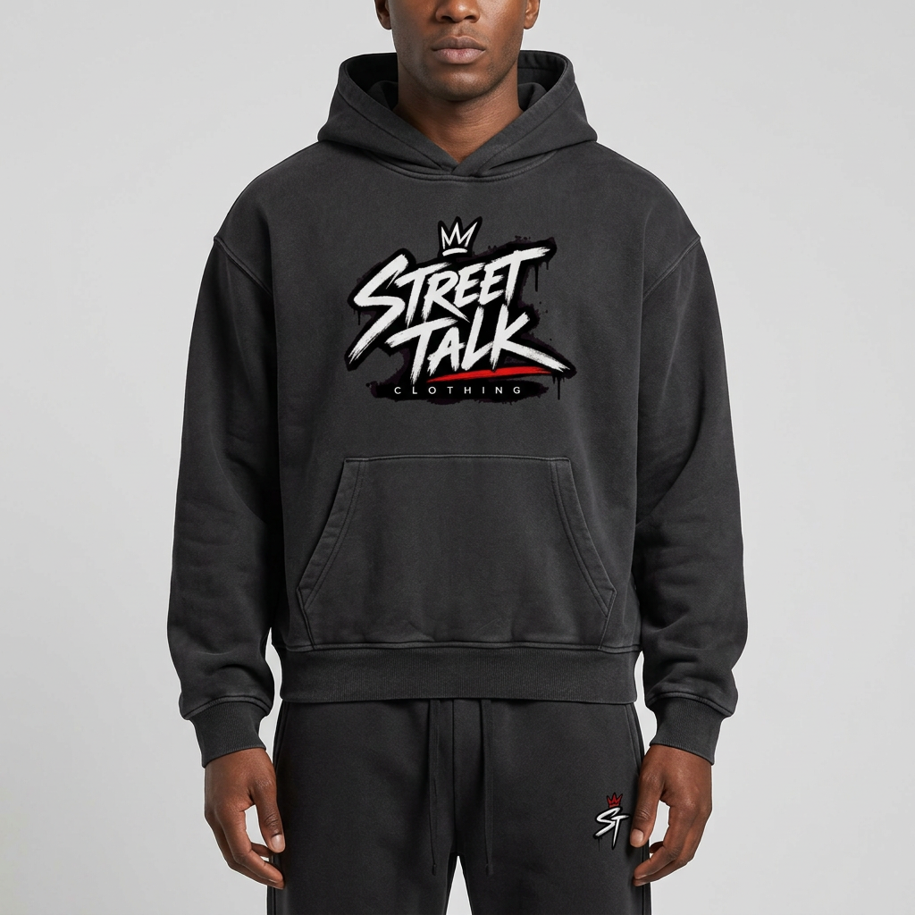 Front close-up of model wearing Concrete Vintage Black hoodie
