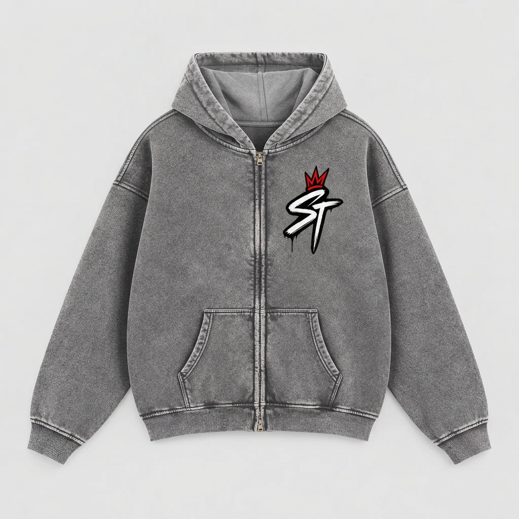 Front flat mockup of lighter washed-charcoal After Hours zip hoodie