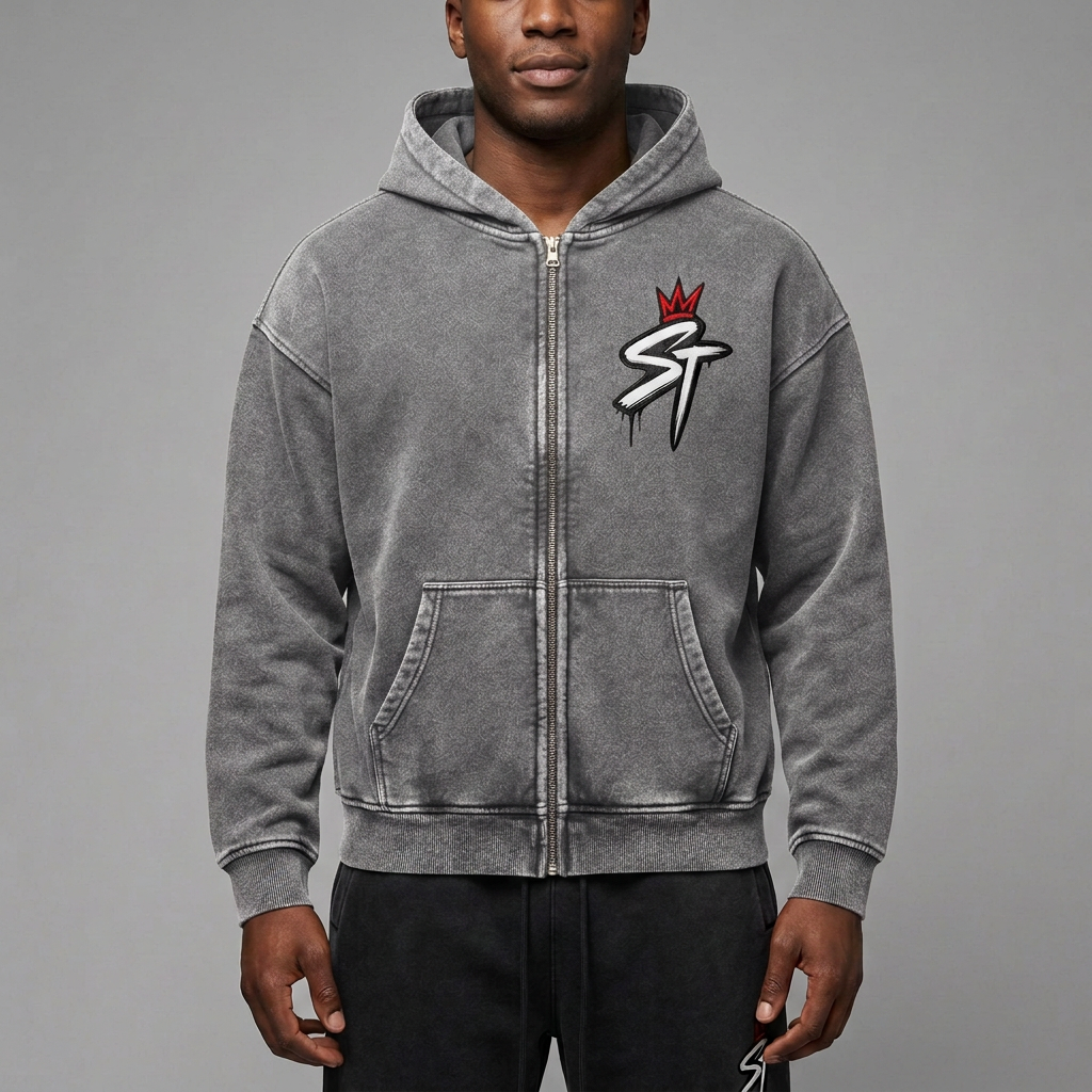 Front close-up of lighter washed-charcoal After Hours zip hoodie on model